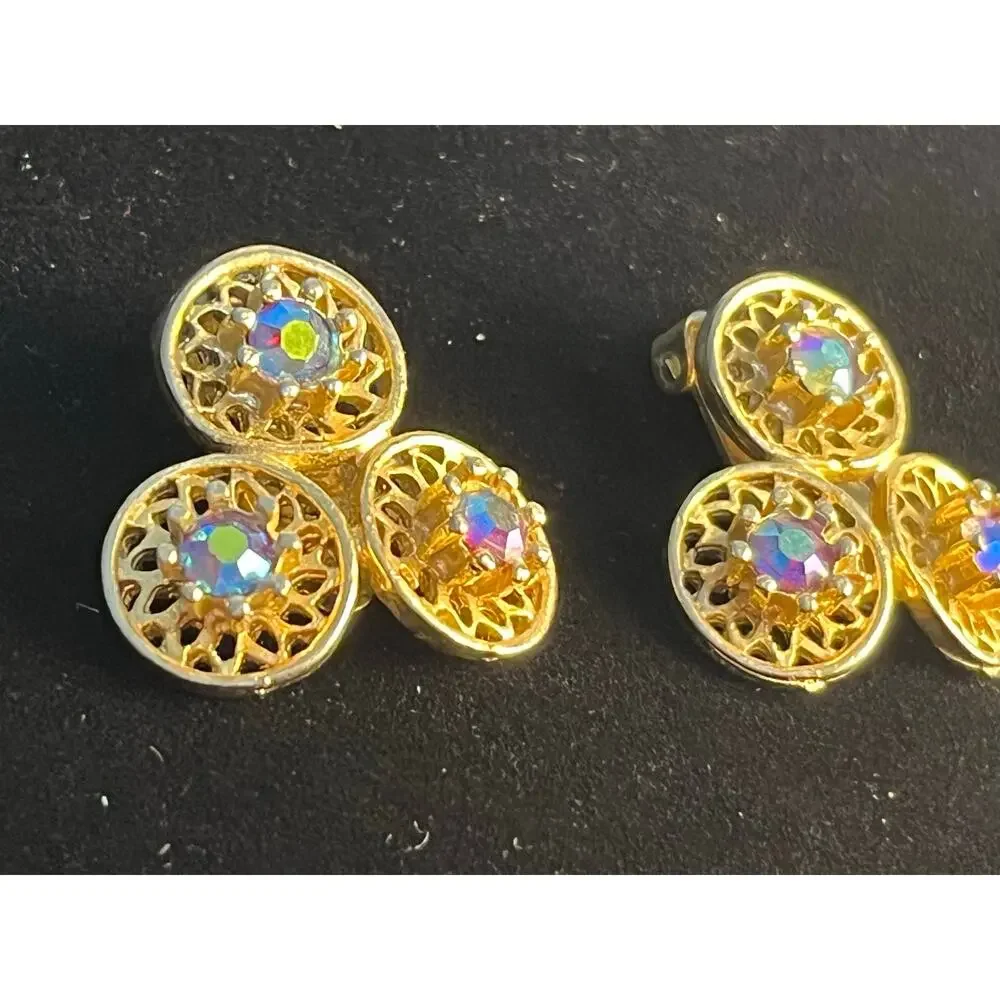 VTG Coro Clip On Earrings Gold Tone Rhinestones Three Circles Signed
